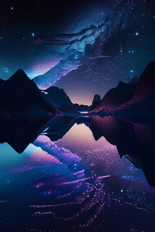 terragen fjord at night with the milky way across the sky, reflected in the smooth waters, synthwave --ar 16:9 --v 5 --q 2 --s 250