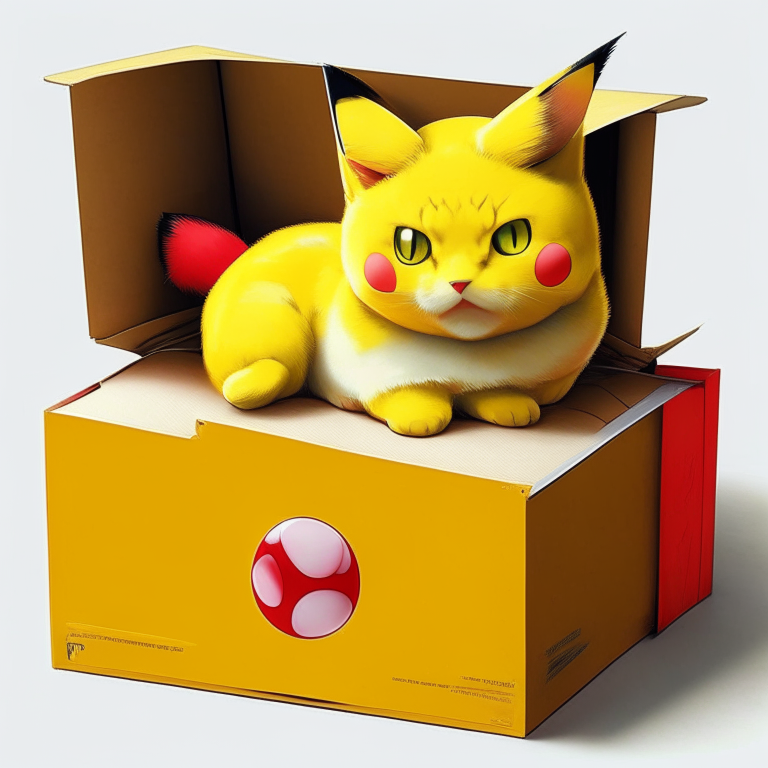 a cat with Pikachu's ears and tail, yellow fur, and red cheeks, sitting on a box with a sticker of a Pokéball