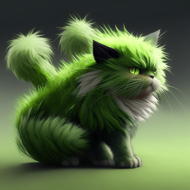 a cat that looks like a grass Pokémon, with green fur and leaves growing out of its back