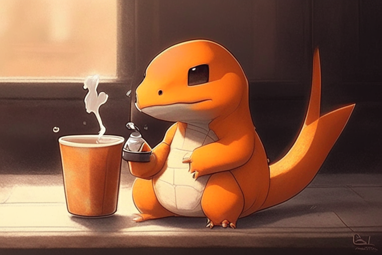 a Charmander drinking coffee