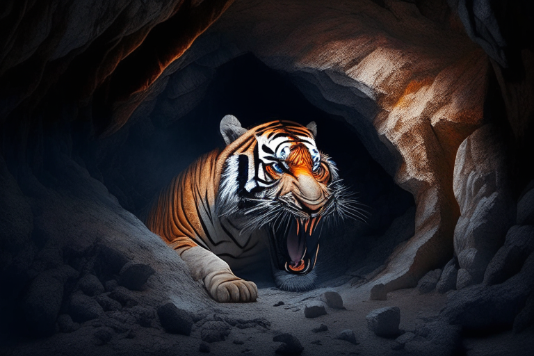 a small cave on the side of Mount Everest with a talking tiger sitting in front of you