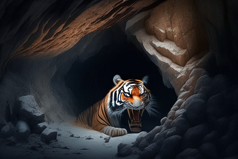 a small cave on the side of Mount Everest with a talking tiger sitting in front of you