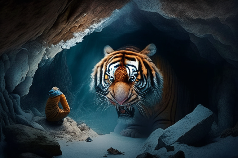 a small cave on the side of Mount Everest with a talking tiger sitting in front of you, sharing a fish