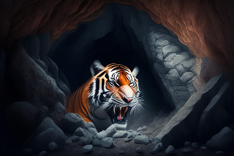 a small cave on the side of Mount Everest with a talking tiger sitting in front of you