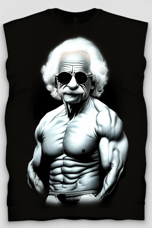 Albert Einstein as bodybuilder with sunglasses and t shirt no hair
