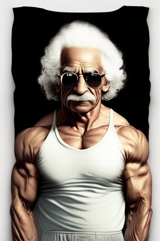 Albert Einstein as bodybuilder with sunglasses and t shirt on with no hair on bodu