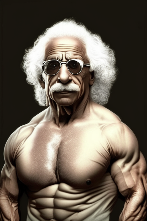 Albert Einstein as bodybuilder with sunglasses and t shirt on with no hair on body