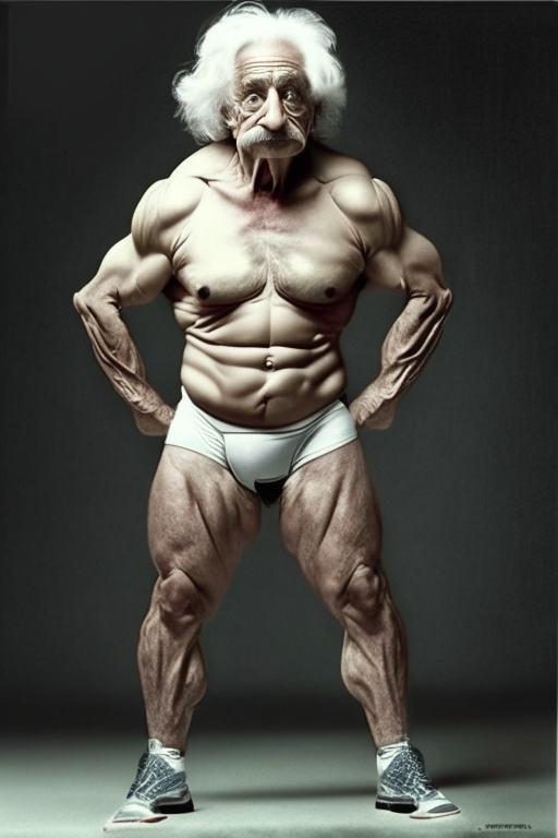 Albert Einstein as bodybuilder full body show leg muscles show