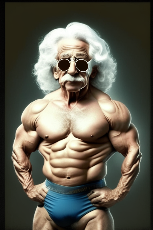 Albert Einstein as bodybuilder full body show with sunglasses 