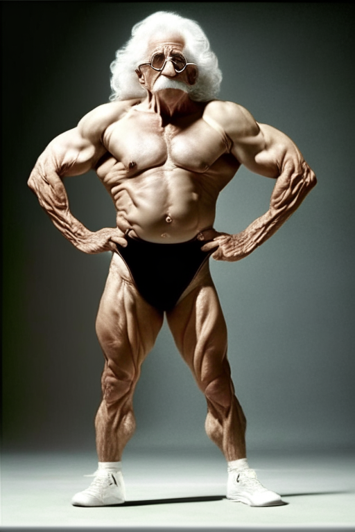 Albert Einstein as bodybuilder full body show with sunglasses leg show