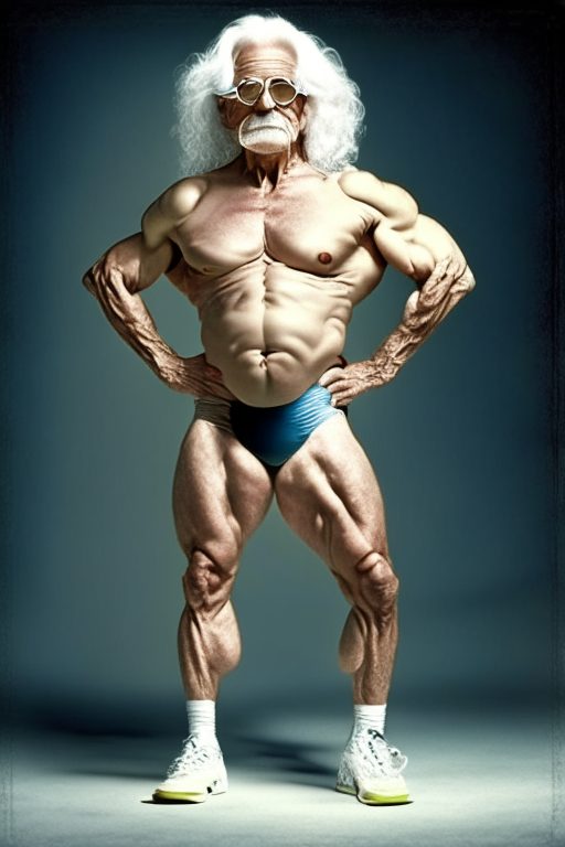Albert Einstein as bodybuilder full body show with sunglasses leg show with pant on