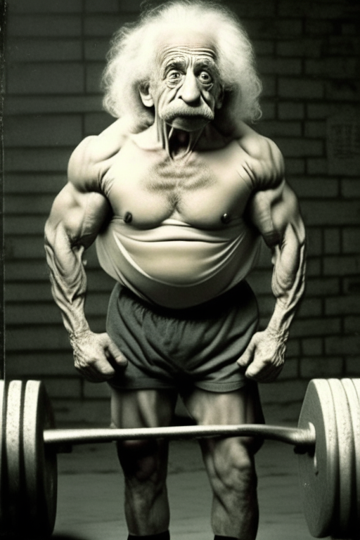 Albert Einstein as bodybuilder weight lifting 