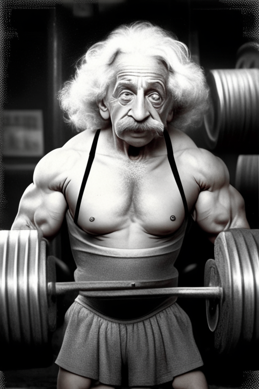 Albert Einstein as bodybuilder weight lifting 