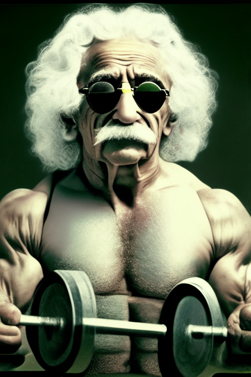 Albert Einstein as bodybuilder weight lifting  with sunglasses 