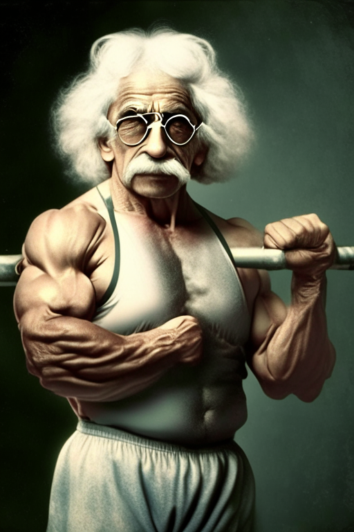 Albert Einstein as bodybuilder weight lifting  with sunglasses 