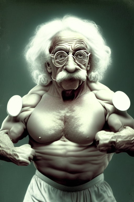 Albert Einstein as bodybuilder weight lifting  with sunglasses 