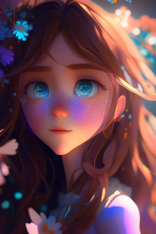 Disney girl, low saturation, pixar super details, clay, anime waifu, looking at viewer, ninhly detailledreflections transparent iridescent colors, ionctransparent iridescent brown hair, flowers background ,divine cinematic edgelighting, soft focus, chiaroscuro 8k, best quality, ultra detail,3d,04d --q 2 --v 5 --v 5