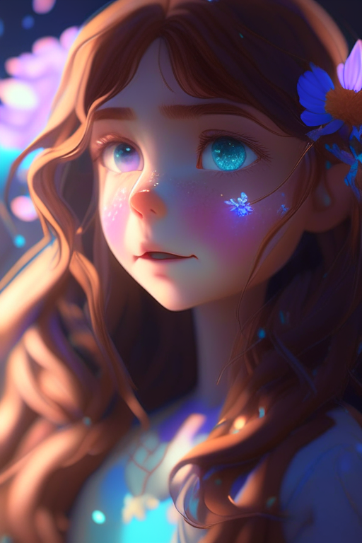 Disney girl, low saturation, pixar super details, clay, anime waifu, looking at viewer, ninhly detailledreflections transparent iridescent colors, ionctransparent iridescent brown hair, flowers background ,divine cinematic edgelighting, soft focus, chiaroscuro 8k, best quality, ultra detail,3d,04. add a background of roses and Blooming Florist tags