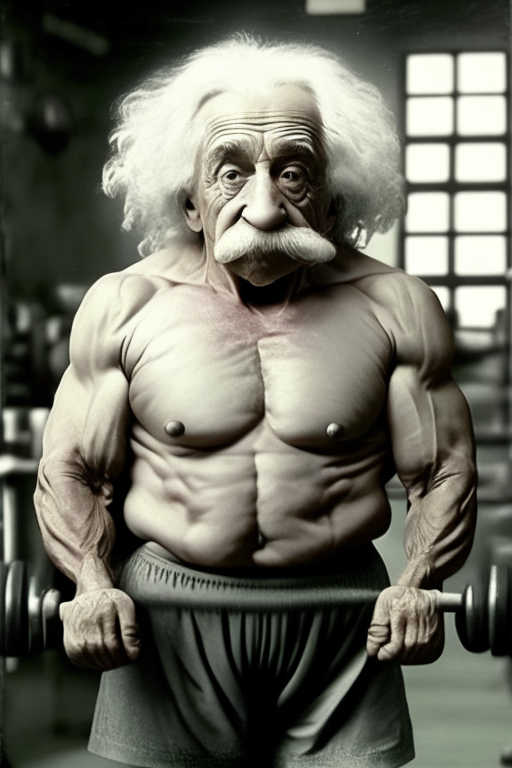 Albert Einstein in gym bodybuilding 