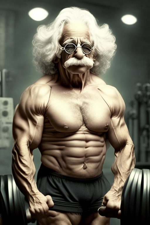 Albert Einstein in gym bodybuilding with sunglasses 