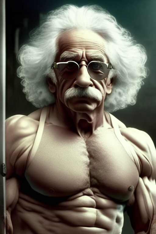 Albert Einstein in gym bodybuilding with sunglasses 