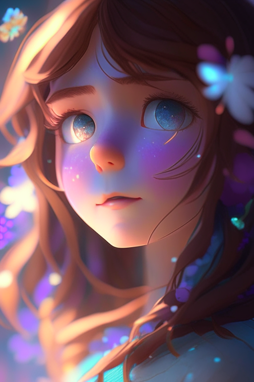 Disney girl, low saturation, pixar super details, clay, anime waifu, looking at viewer, ninhly detailledreflections transparent iridescent colors, ionctransparent iridescent brown hair, flowers background ,divine cinematic edgelighting, soft focus, chiaroscuro 8k, best quality, ultra detail,3d,04d --q 2 --v 5 --v 5