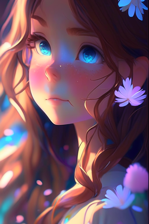 Disney girl, low saturation, pixar super details, clay, anime waifu, looking at viewer, ninhly detailledreflections transparent iridescent colors, ionctransparent iridescent brown hair, flowers background ,divine cinematic edgelighting, soft focus, chiaroscuro 8k, best quality, ultra detail,3d,04d --q 2 --v 5 --v 5