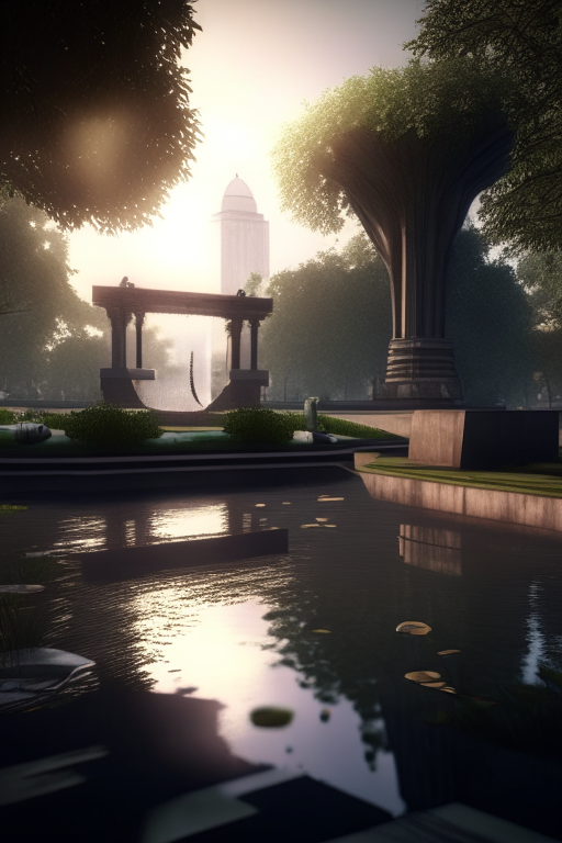 Kolkata city center public park, modern landscape architectural design for industrialpunk, water in the middle, dramatic lighting and composition, octane render, unreal engine 5, 8k --ar 3:1