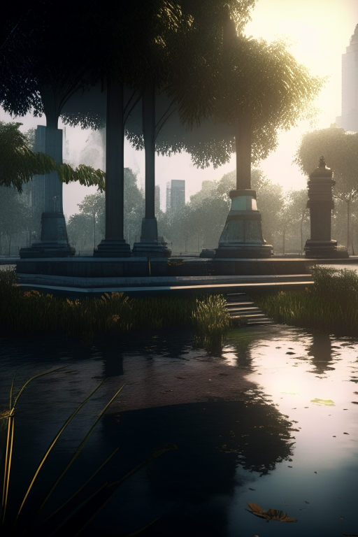 Kolkata city center public park, modern landscape architectural design for industrialpunk, water in the middle, dramatic lighting and composition, octane render, unreal engine 5, 8k --ar 3:1