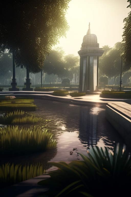 Kolkata city center public park, modern landscape architectural design for industrialpunk, water in the middle, dramatic lighting and composition, octane render, unreal engine 5, 8k --ar 3:1