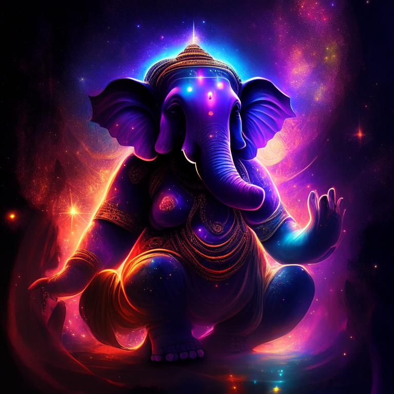 elefante version anime persona ganesha,hindi,universo,colorles morados y estrellados galaxia universal, hinduismo