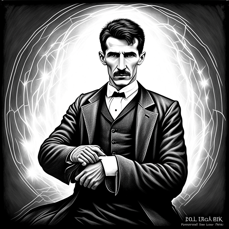 Nikola Tesla con rayos de fondo, version hindi, posando con rayos en la mano de cuerpo completo