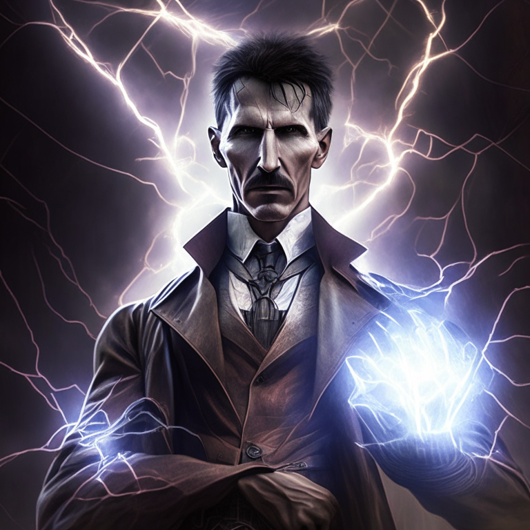 Nikola Tesla con rayos de fondo, version hindi, posando con rayos en la mano de cuerpo completo, vesrion super heroe
