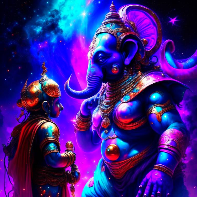 Visnu y ganesha con galaxias colores hindi