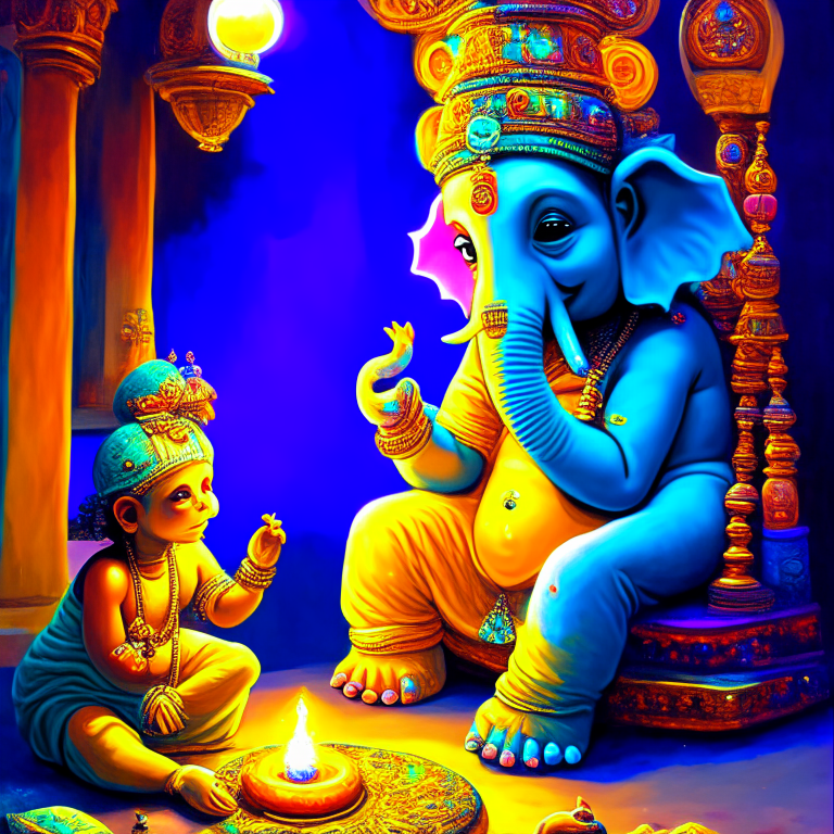 Visnu y ganesha con galaxias colores hindi, con una persona normal a lado de ellos conversando 