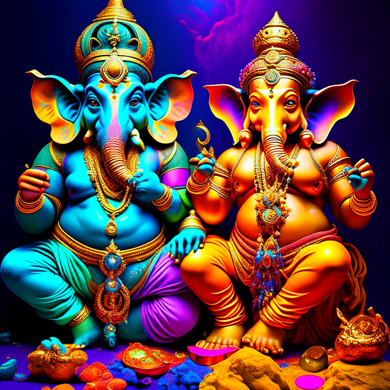 Visnu ytshiva lord
 y ganesha con galaxias colores hindi, con una persona normal a lado de ellos conversando 