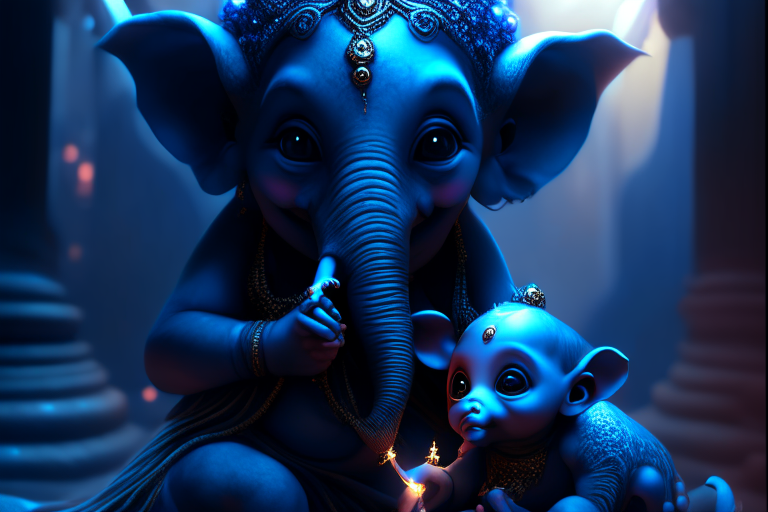 amazingly beautiful (ganesha) and her two cute friendly pet alien babies , photo realistic CGI, gothic horror, atmospheric lighting, unreal engine, stunning intricate detail, maximum texture, 8k, portrait --q 5 --ar 16:9