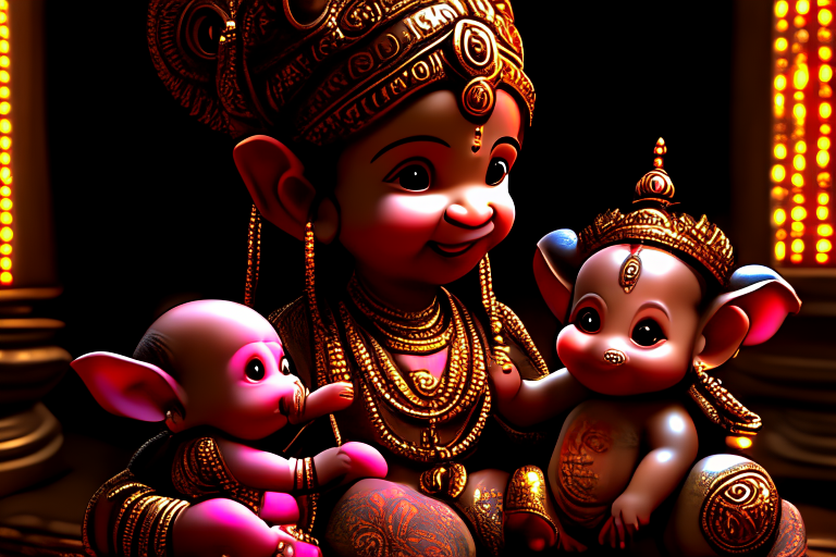amazingly beautiful (ganesha) and her two cute friendly pet babies , photo realistic CGI, gothic horror, atmospheric lighting, unreal engine, stunning intricate detail, maximum texture, 8k, portrait --q 5 --ar 16:9