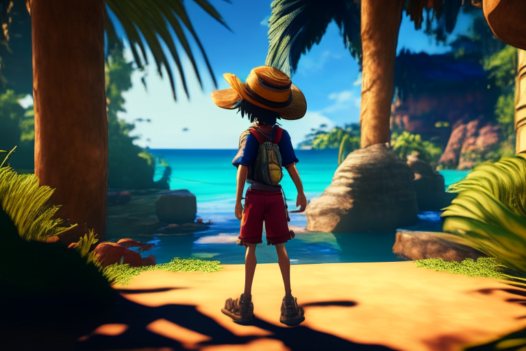 Luffy playing eternal pose hyper realistic, epic composition, cinematic, rendered in Enscape, Miyazaki, Nausicaa Ghibli, 4k detailed post processing, unreal engine --ar 4:5