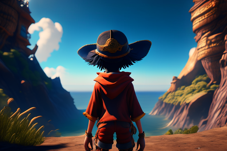 Luffy  mirando de frente playing eternal pose hyper realistic, epic composition, cinematic, rendered in Enscape, Miyazaki, Nausicaa Ghibli, 4k detailed post processing, unreal engine --ar 4:5
