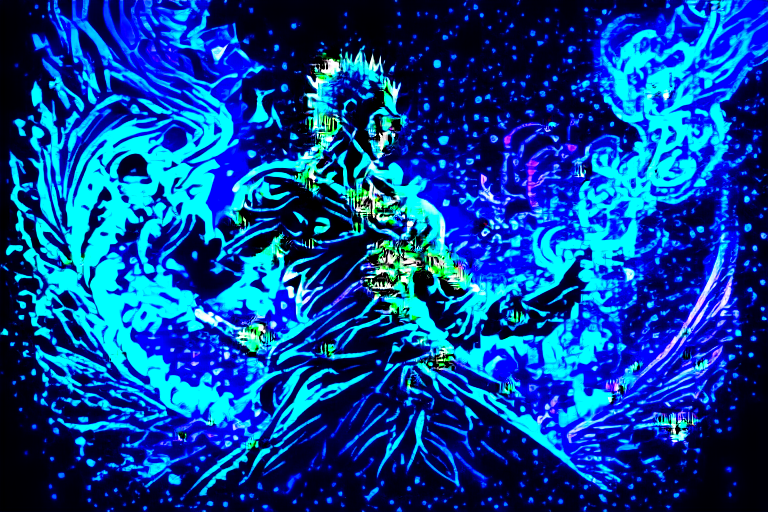 Zoro made espada out of Pentigree fractal patterns, dramatic lighting, dark background, bright and vivid colors, Alex Grey, --uplight