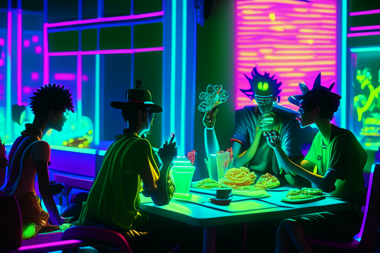 Group of luffy and zoro enjoying a meal at a futuristic Burger King, neon-lit, high-tech interior, holographic menus, robotic servers, customers of various species, futuristic cityscape visible through the windows, hambur being consumed, expressions of enjoyment, 35mm lens, f/2.8, iso/800, greend, red , lively composition, immersive sci-fi scene --ar 16:9