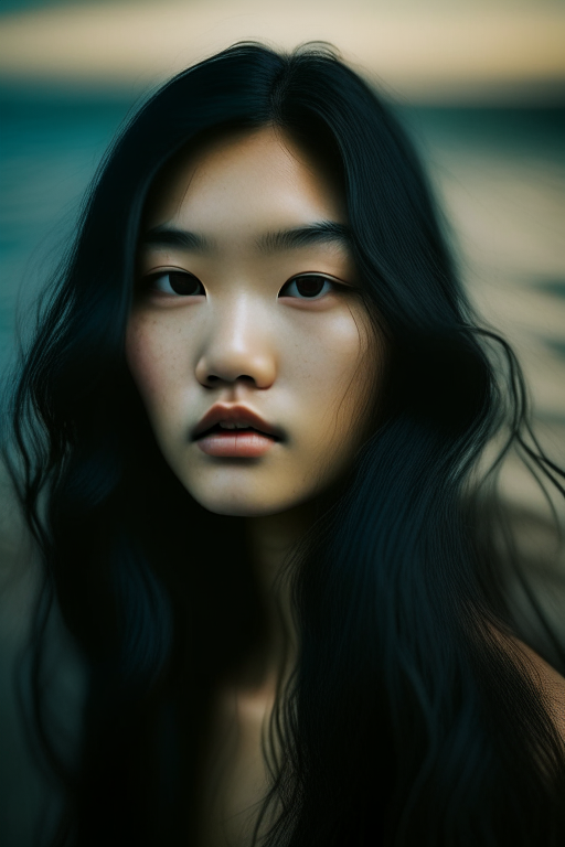 Analogue style, young girl, Asian photo model, sideways, she is looking away, a little depressed, face parts, face details like eyes, lips etc, sea background, wavy long black hair, award winning studio photography, professional colour grading, soft shadows, no contrast, clean sharp focus