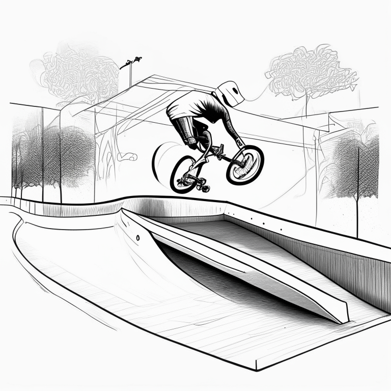 Free Rider hd level, bmx skatepark, white background, black line drawing foreground over white, light grey lines in the background over the white.