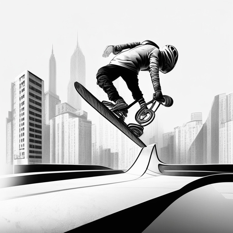 Free rider hd level, white background, black lines foreground, grey lines in the background, city scape skate park bmx