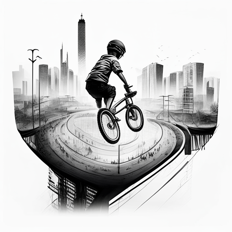 Free rider hd level, white background, black lines foreground, grey lines in the background, city scape bmx park, tiny bmx person