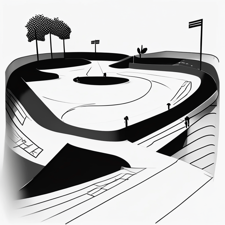 ms paint style, Free rider hd level, white background, black lines foreground, few grey lines in the background, micro bmx park,  loopdeloop, circle, ramps, grind rails, box transitions, half pipe, gap kicker, cite scape background, most importantly minimalistic