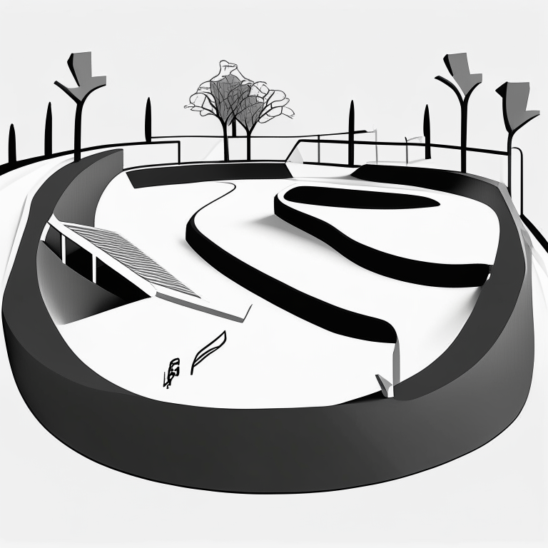 ms paint style, Free rider hd level, white background, black lines foreground, few grey lines in the background, micro bmx park,  loopdeloop, circle, ramps, grind rails, box transitions, half pipe, gap kicker, cite scape background, most importantly minimalistic