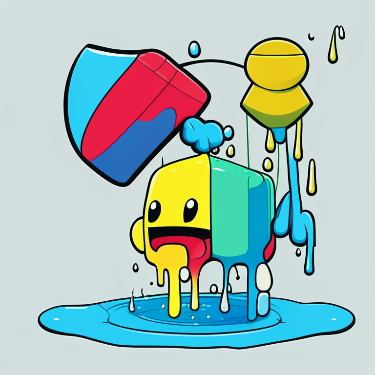 A blocky cartoon picture of a hose filling up a water balloon. Done in 4 colors and 5 shapes. 