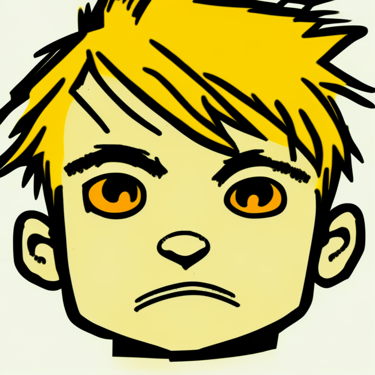 A young boys cartoon face. Done with only Yellow and Orange for the face and hair. White for the eyes and outlined in black. 